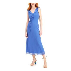 INC DRESS Womens Blue Belted Neckline Sleeveless Maxi Fit + Flare Dress 16